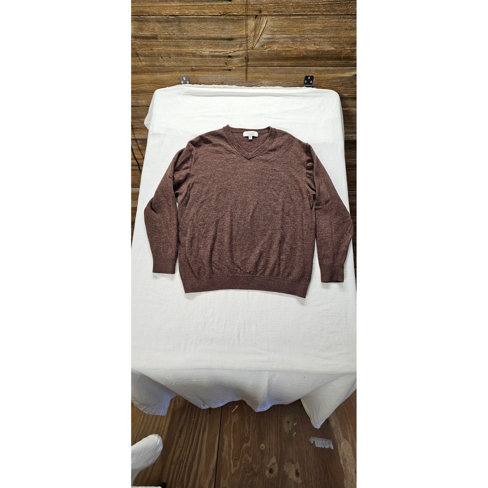 Turnbury Mens XL Extra Fine Merino Wool V-Neck Sweater Brown Heather Knit